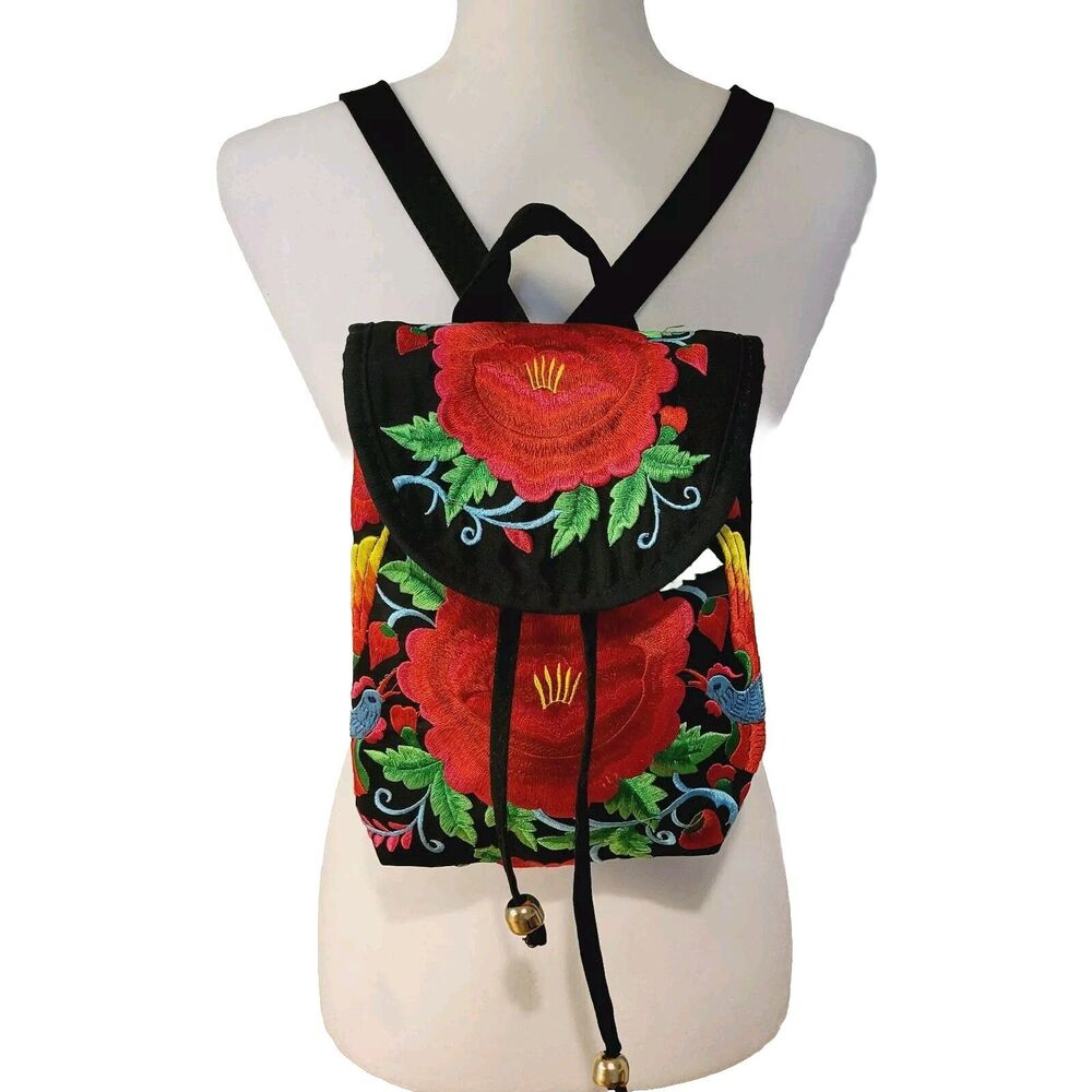 Embroidered Multicolor Small Women Backpack Flowers Motive Black/Red